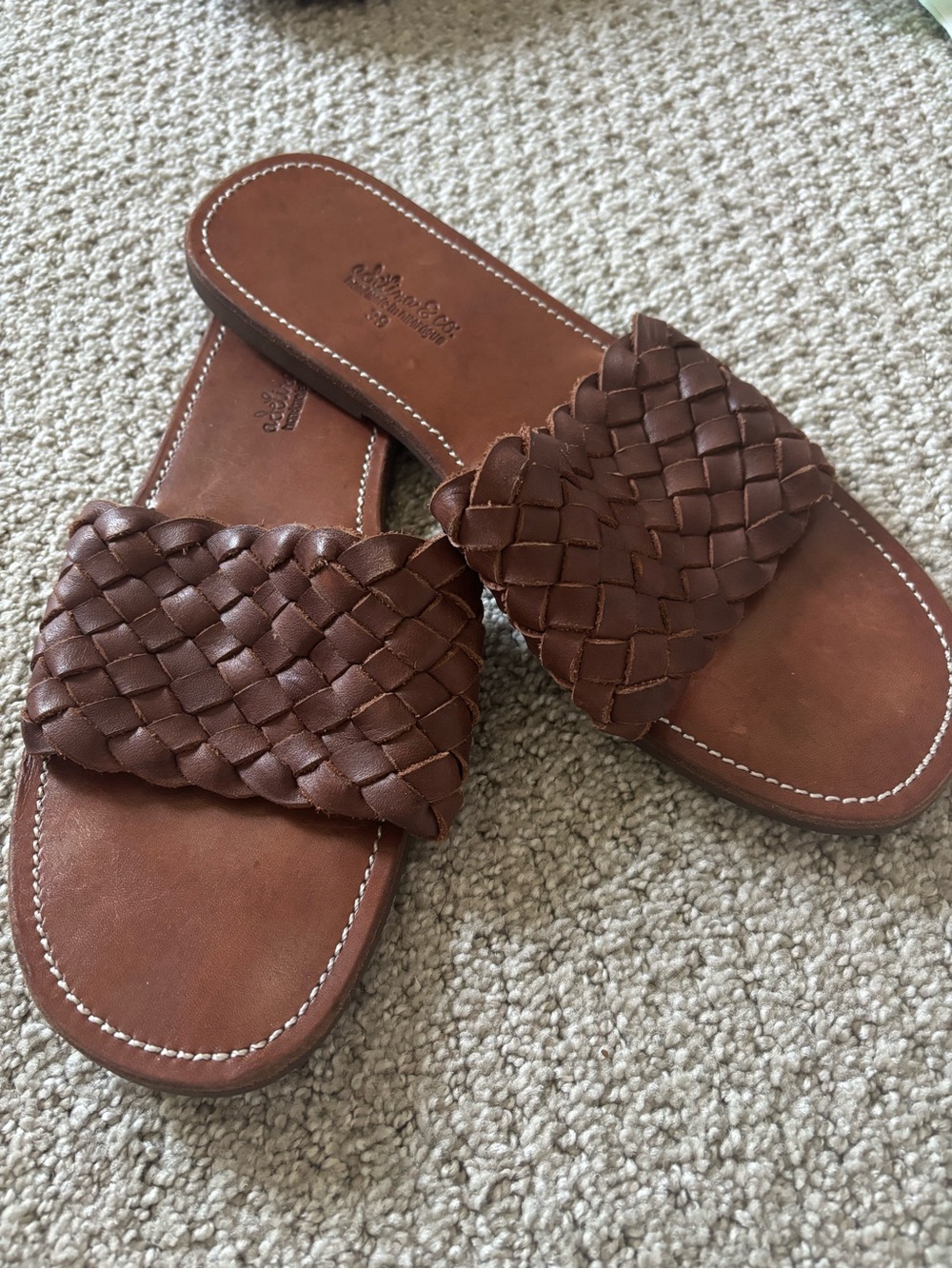 Woven Leather Slide Sandals - Brown